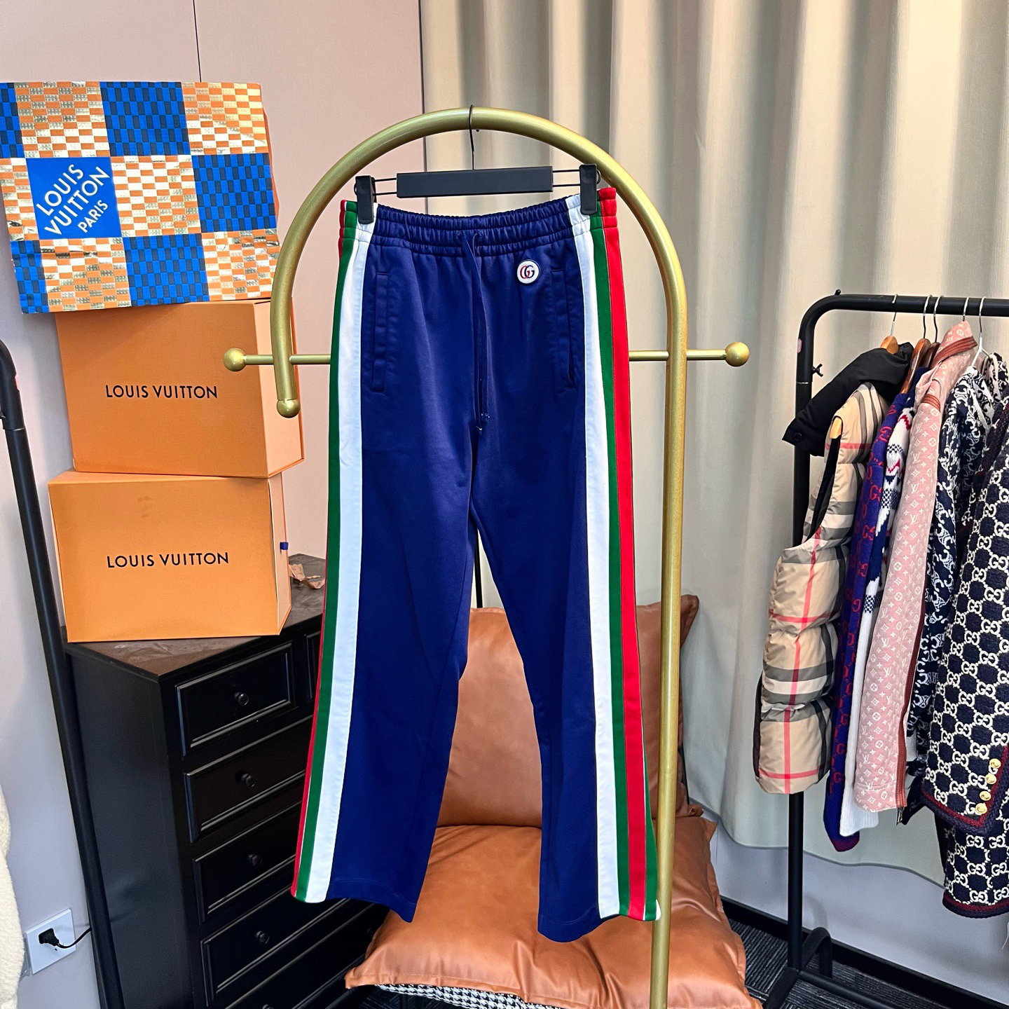 99新 GUCCI/古驰 蓝色侧边条纹logo长裤 xs码/99新