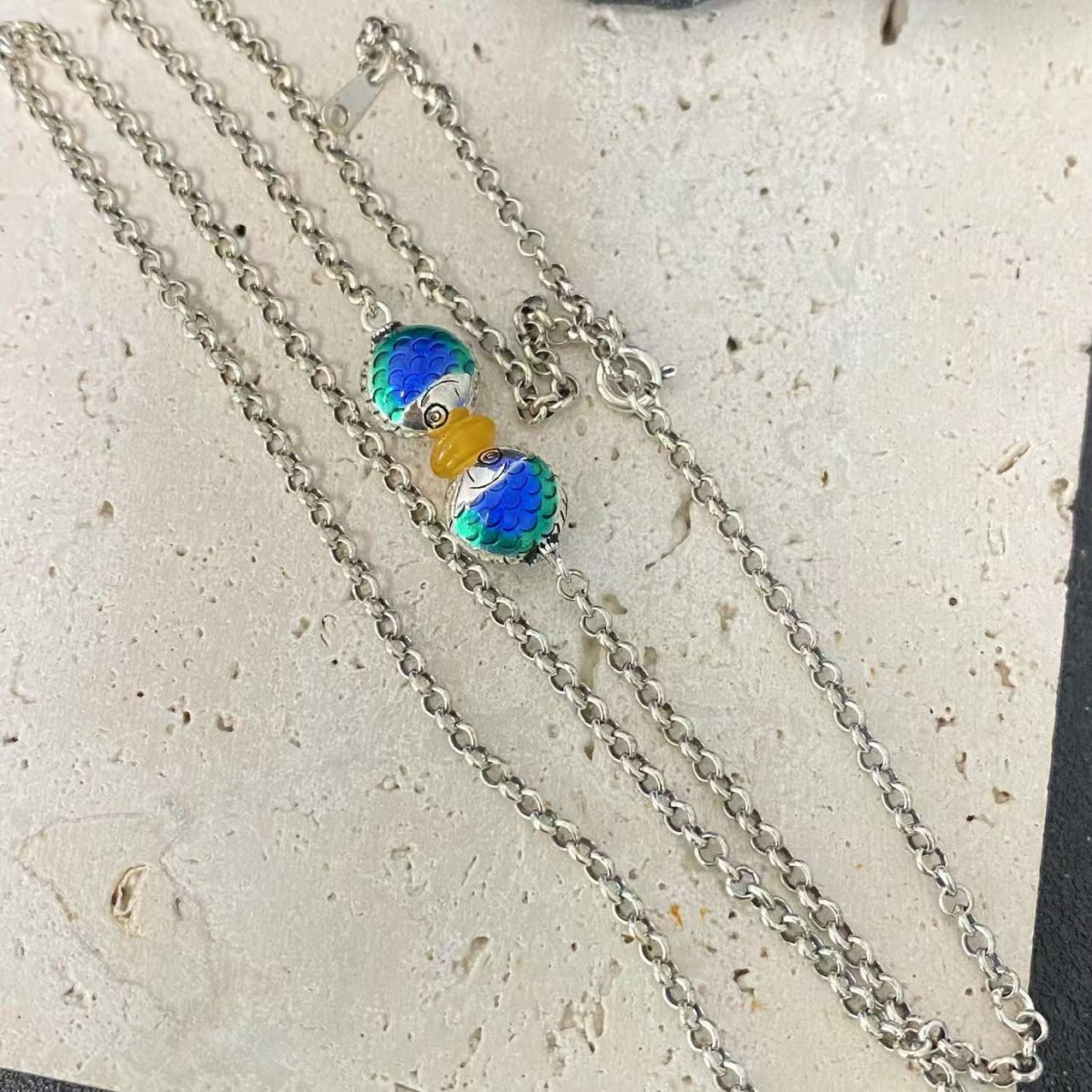 链子925银 双面珐琅双鱼环扣项链62cm C7849国潮民族风