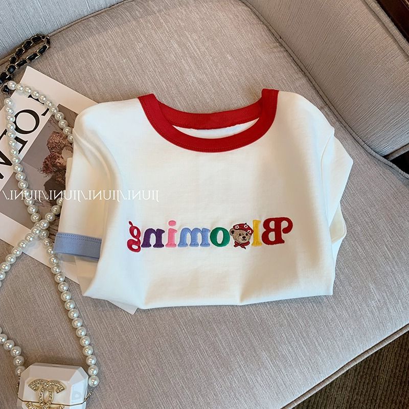 复古撞色刺绣字母纯棉T恤上衣女夏季新款甜辣别致减龄短袖