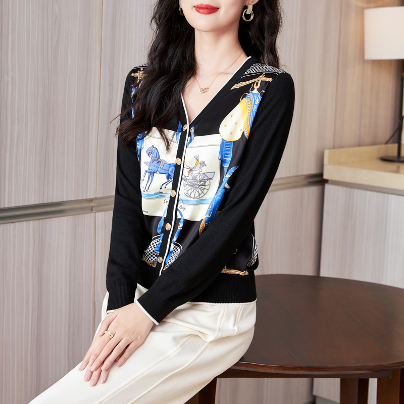 2025新品重奢桑蚕丝印花长袖气质开衫休闲通勤女上衣-197