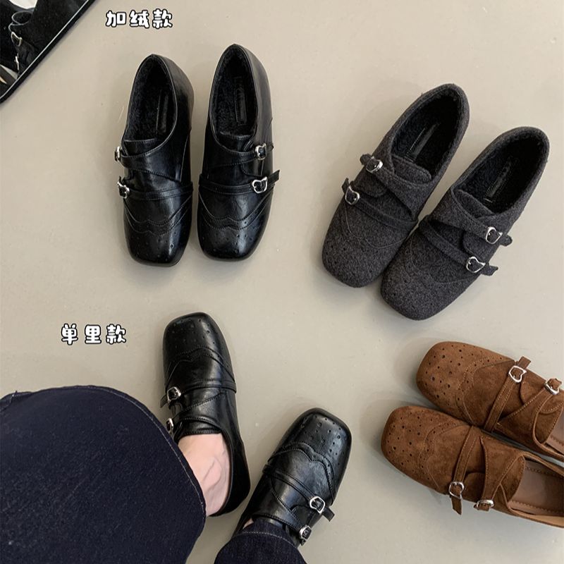内增高加绒毛呢子复古方头单鞋厚底乐福鞋女秋冬新款英伦风小皮鞋