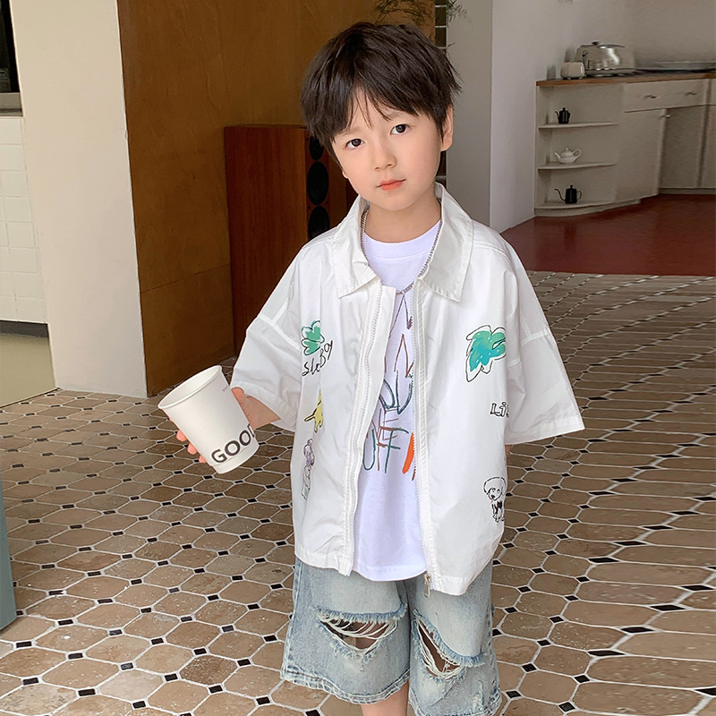 涂鸦印花拉链式短袖清新夏季儿童衬衣潮2024新款童装 37392