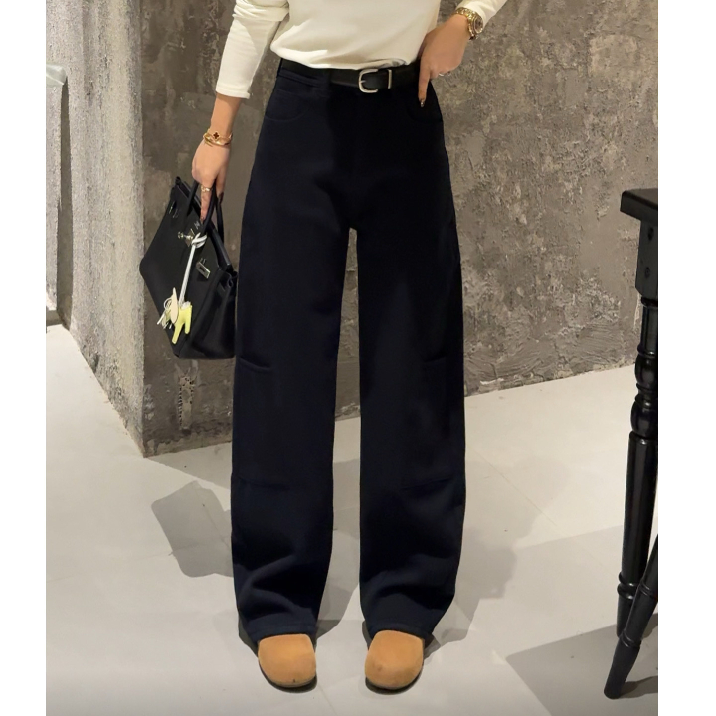 MY【美式弯刀】冬季新款藏青色高腰后口袋字母香蕉裤垂感弯刀牛仔裤