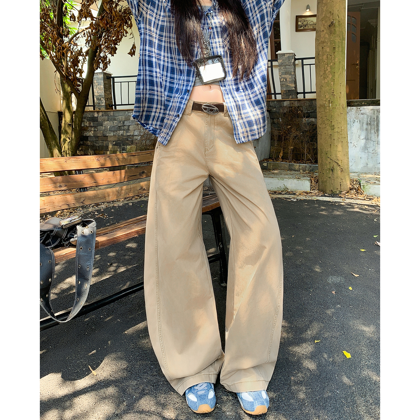 陆笙好美式ins弯刀复古拼接设计宽松拖地阔腿工装牛仔裤女