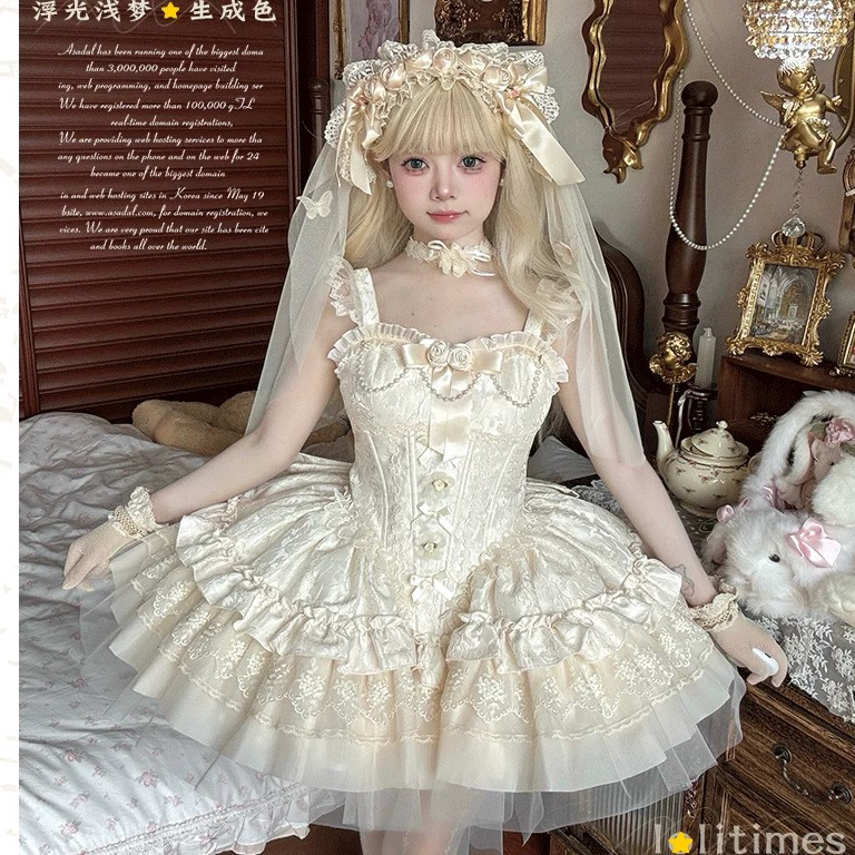 原创浮光浅梦狗短芭蕾Lolita JSK（售出不退蕾丝蓝色甜美日常优雅