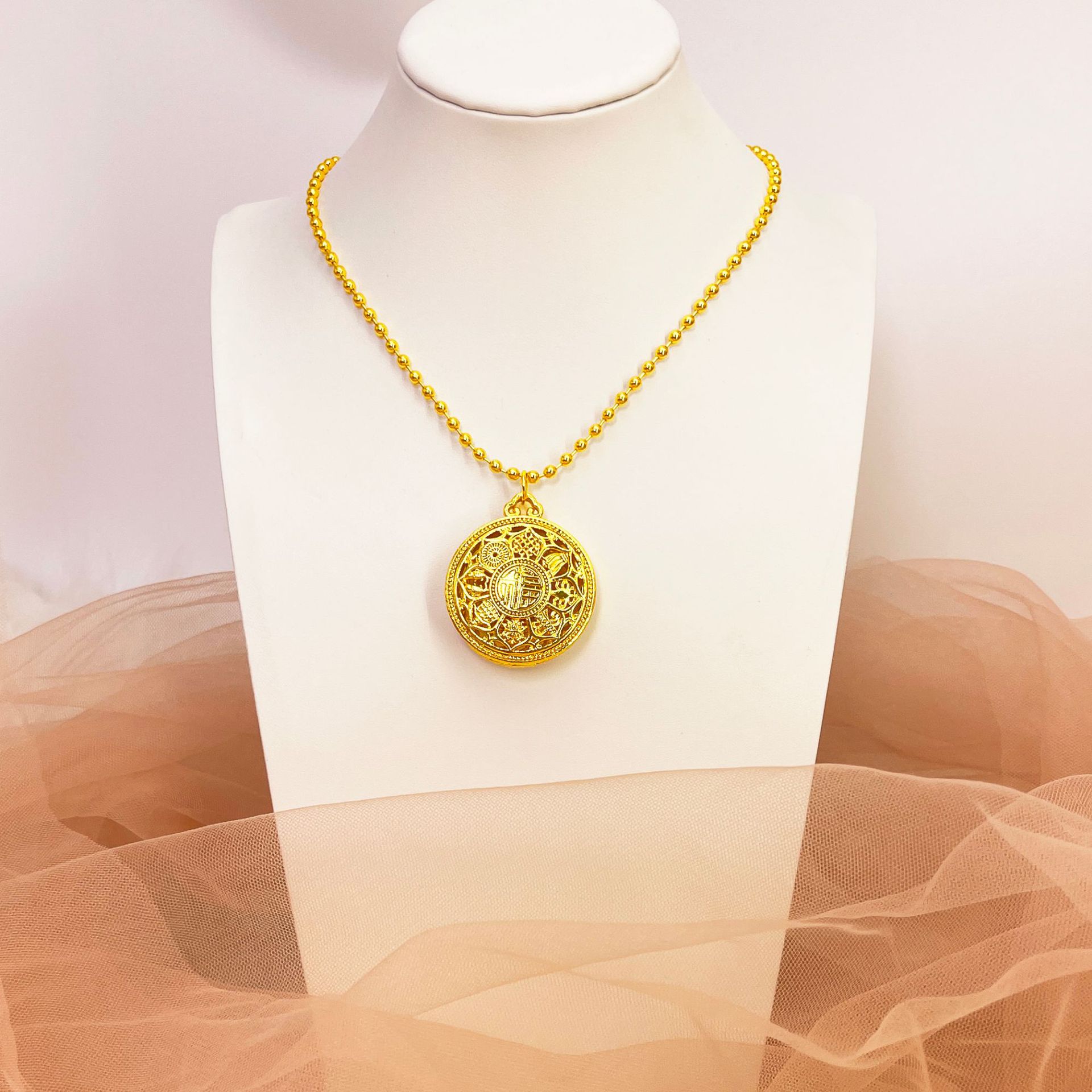 铜合金项链 【八宝罗盘吊装+珠珠链】八宝罗盘镂空花丝福字圆盘吊坠