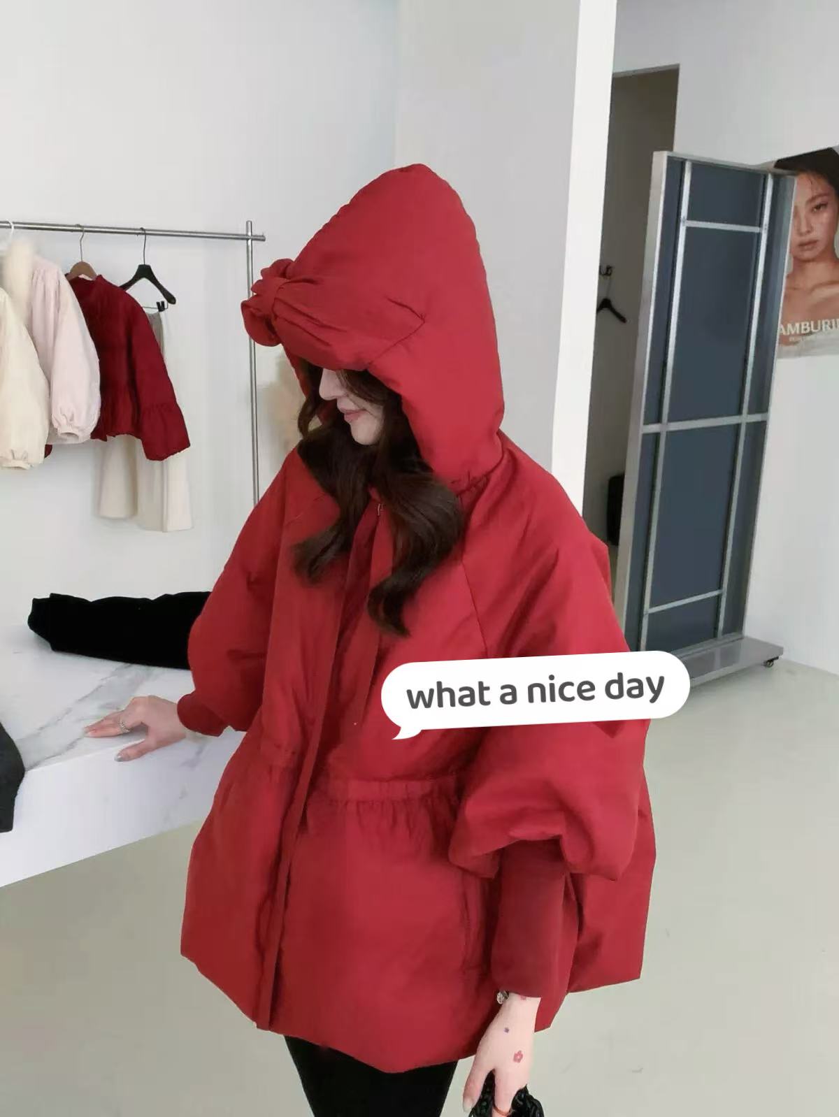 小雅姐姐 蝴蝶结花苞袖韩款加绒圣诞氛围感连帽保暖外套KI50