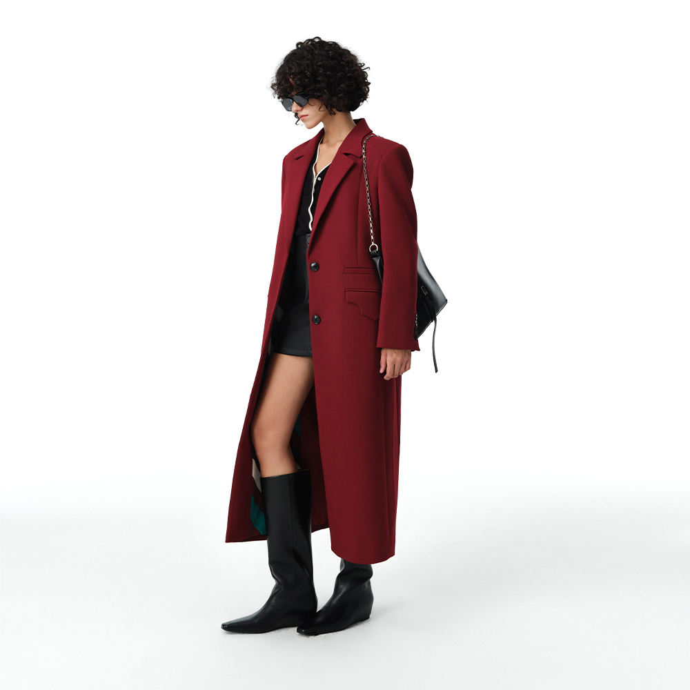 DI.AD酒红色宽松廓形长款西装外套女2024冬季新款百搭设计感大衣