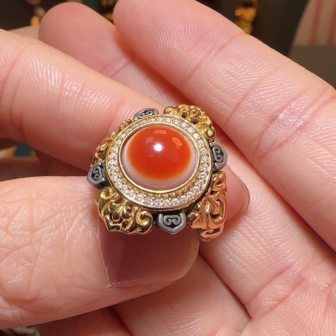 玛瑙扳指银S925镶嵌戒指