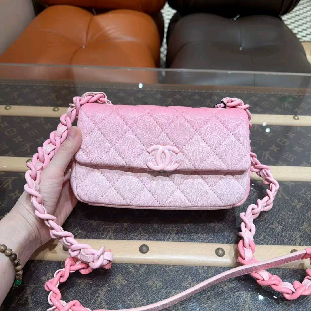 未使用 Chanel/香奈儿 24C渐变粉CF大mini荔枝牛皮单肩斜挎链条包