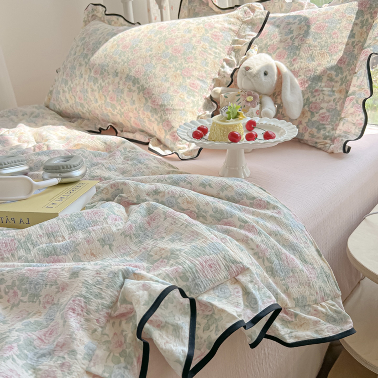 【夏被四件套】皱皱纱花边双层纱夏被四件套薄款小清新空调被床品