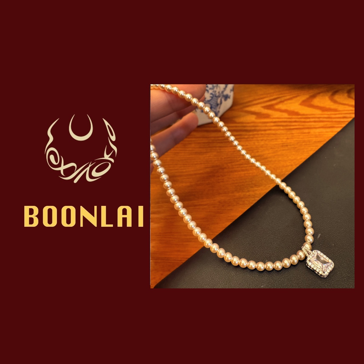 铜合金仿珍珠项链 Boonlai 珠珠方形锆石项链1310