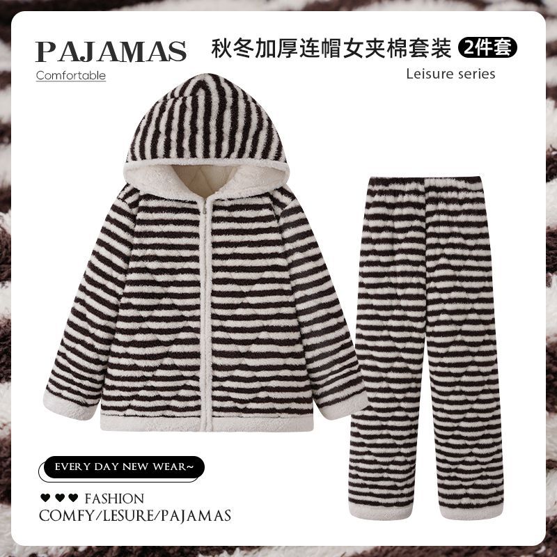 2025冬季条纹半边绒睡衣女珊瑚绒三层夹棉加绒加厚简约家居服外穿