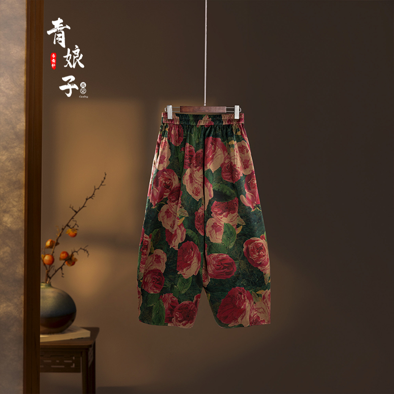 青娘子香云纱（璟瑶）重缎印花时尚松紧腰春夏宽松休闲阔腿裤6009