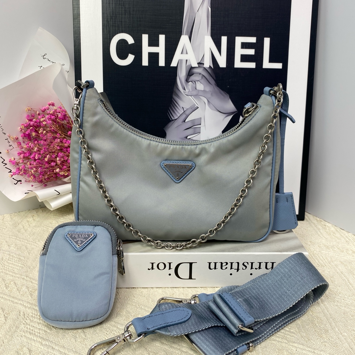 95新 Prada/普拉达 天蓝色hobo三合一链条包16486618