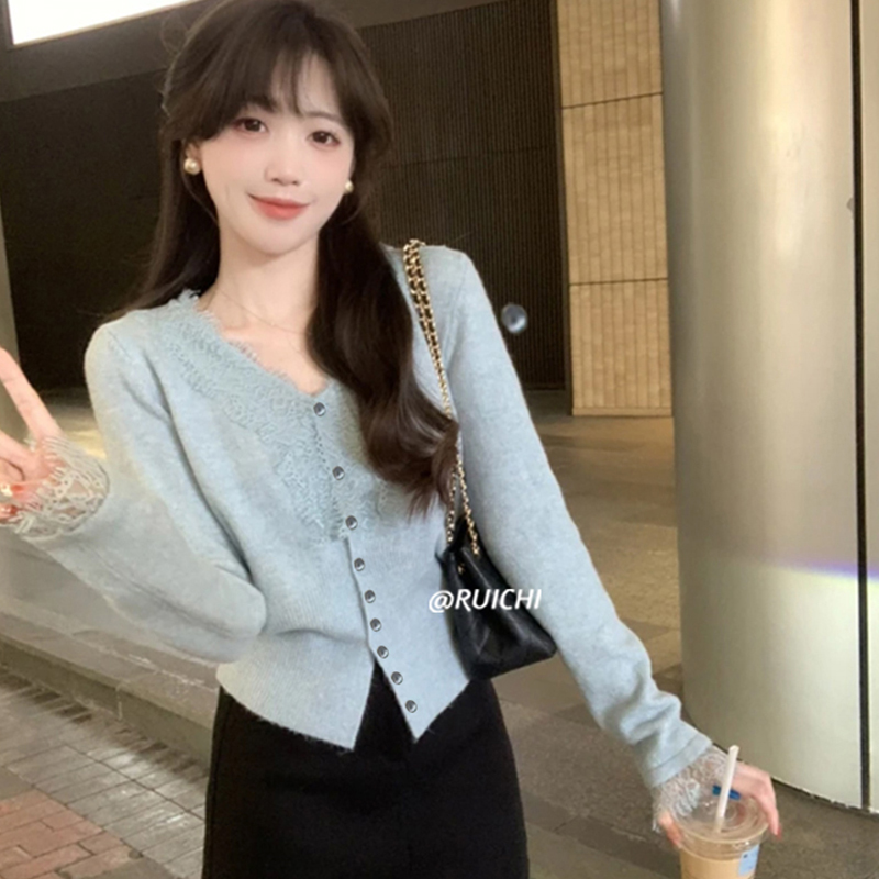 气质蕾丝2025秋季新款V领拼接软糯高级感针织衫开衫长袖上衣女