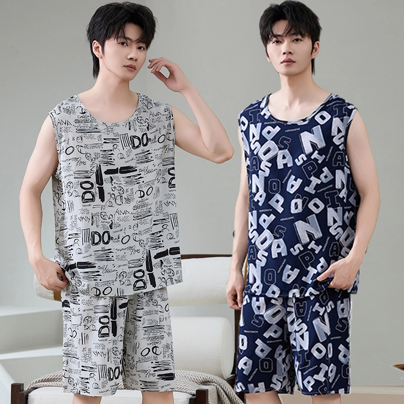 棉绸套装男两件套休闲睡衣背心短裤一整套穿人造棉家居服帅气绵绸