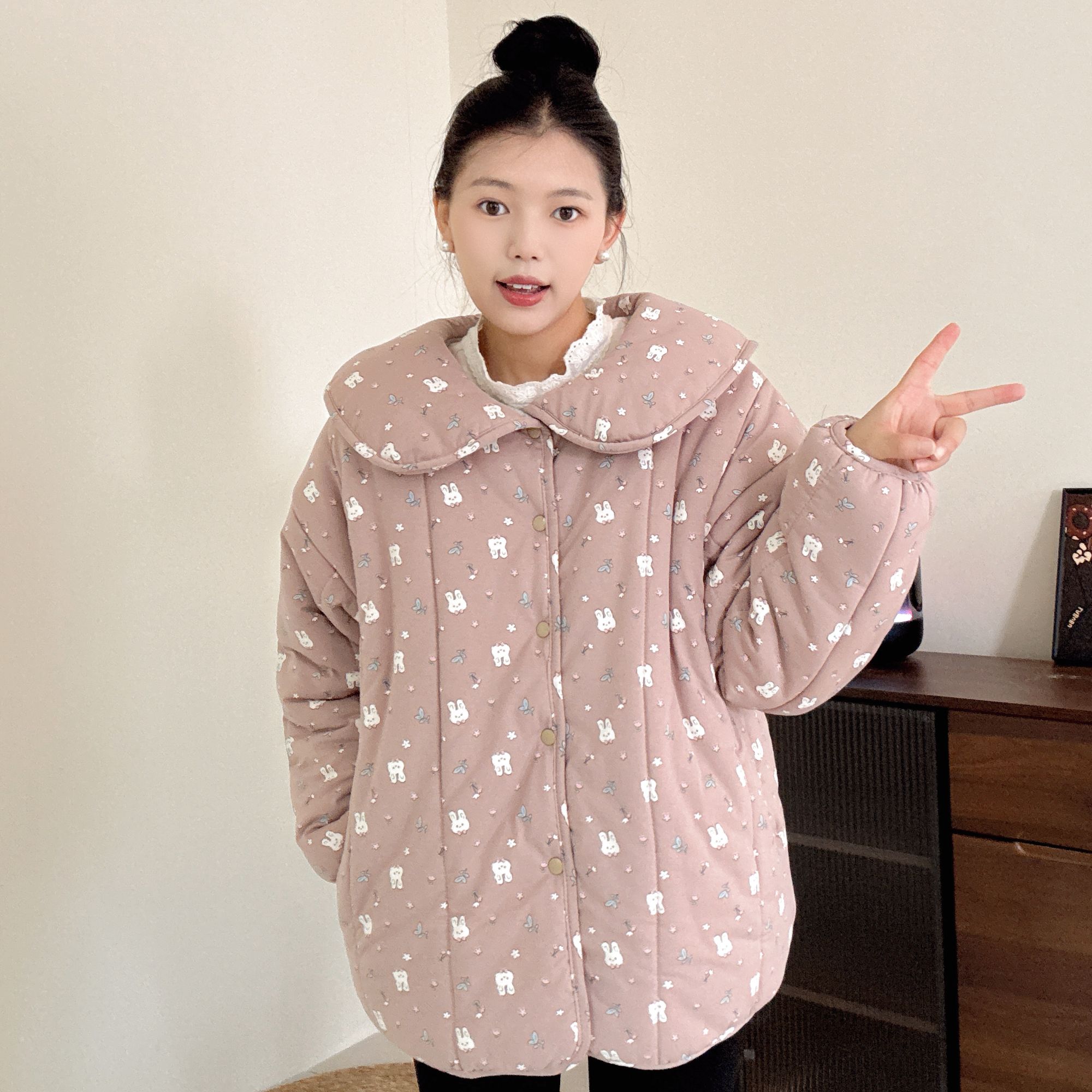 【咖色小兔】300g娃娃领新疆棉花衣宽松家居服冬季女保暖棉衣棉服