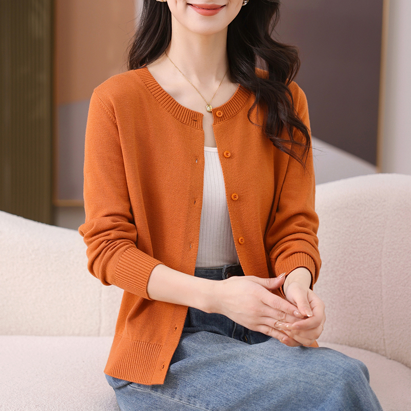 纯色圆领开衫宽松外套女2025春秋百搭爆款新款薄洋气长袖针织衫