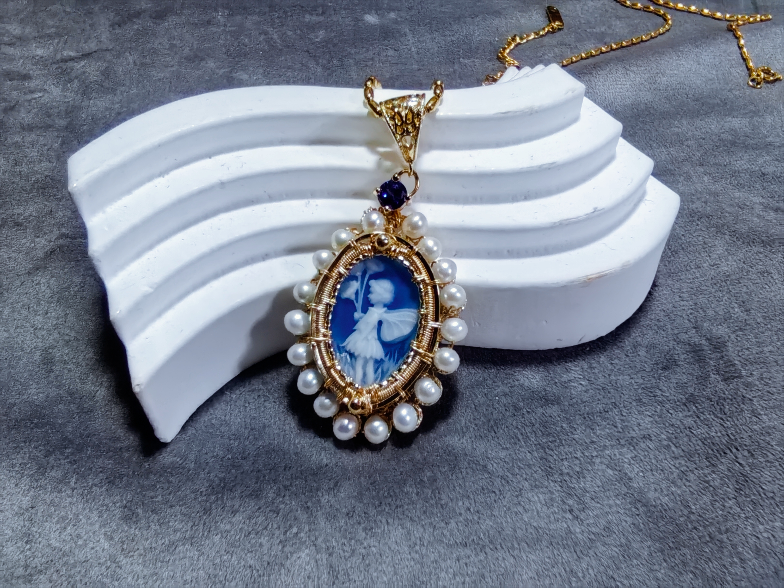 铜树脂吊坠 手工绕线饰品定制珍珠卡梅奥复古宫廷风女王挂坠