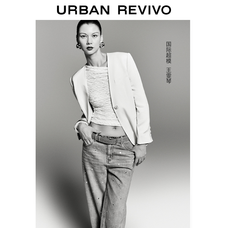 【超模同款】UR2025春季新款女装修身短款斜肩领褶皱T恤UWG450052