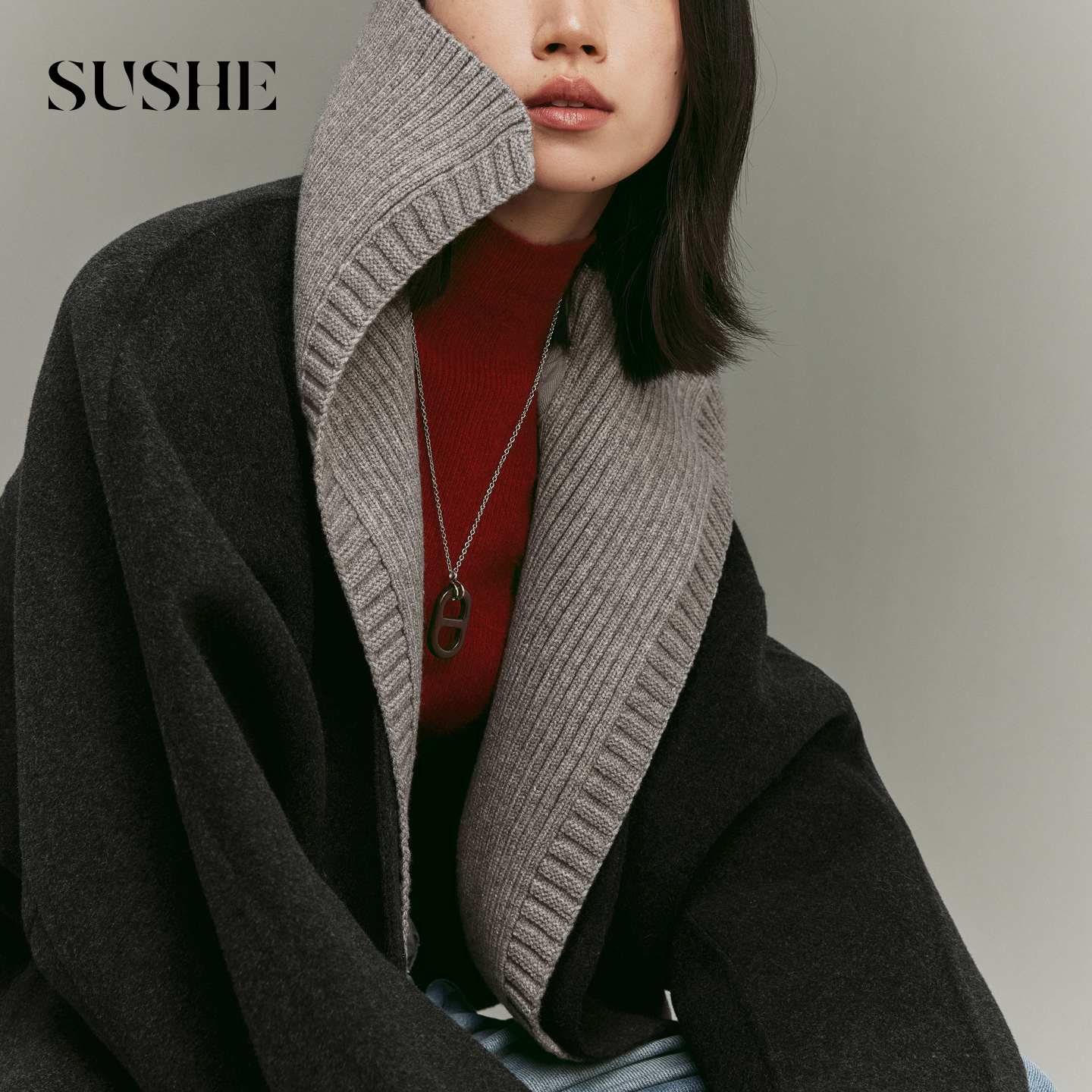 束皙SUSHE 合序 意式老钱 羊绒羊毛双面呢针织披肩领宽松毛呢外套