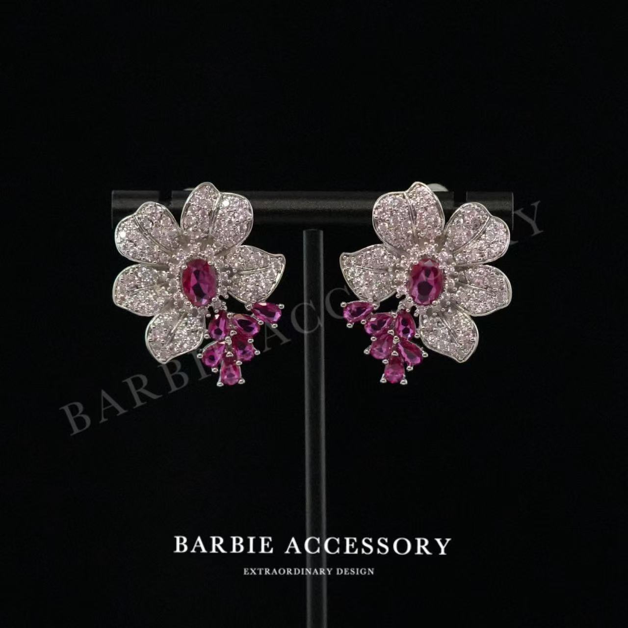 铜合金合成锆石耳饰 【玫红花意】时尚轻奢设计款高级绝美百搭耳环