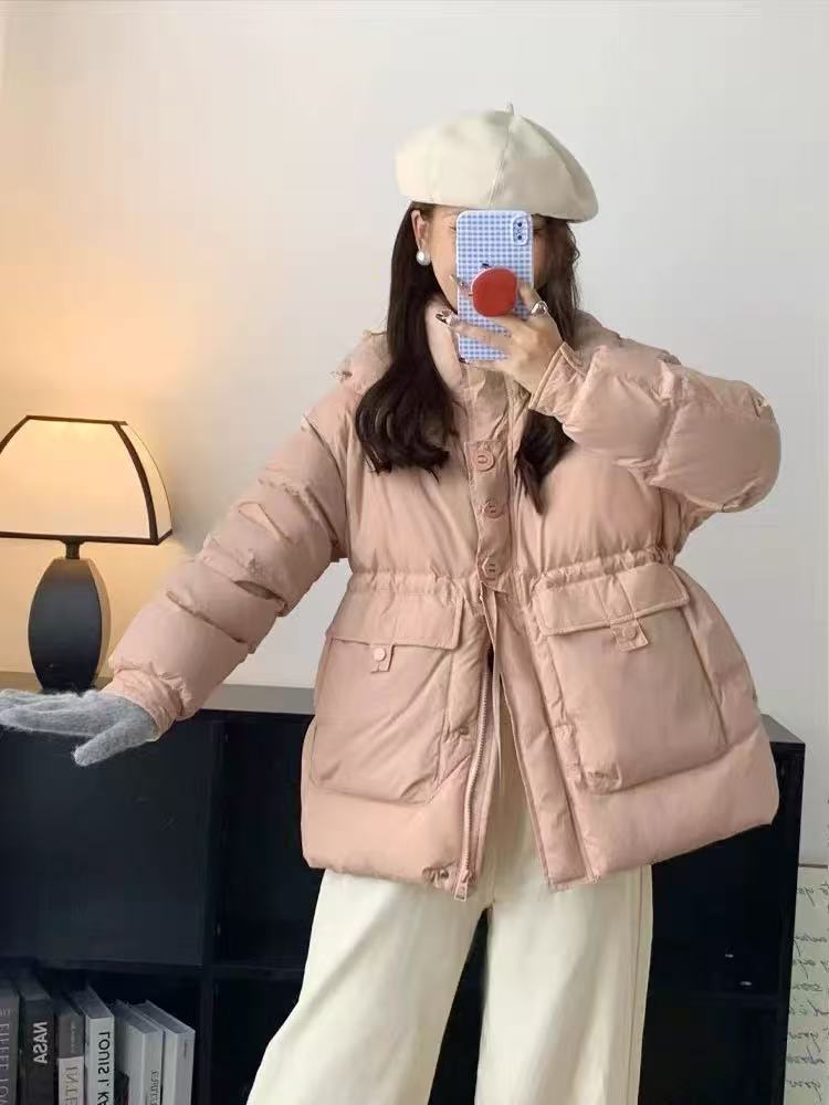 冬季新款三粒扣短款收腰A连帽休闲百搭泡芙白鸭绒羽绒服外套宽松