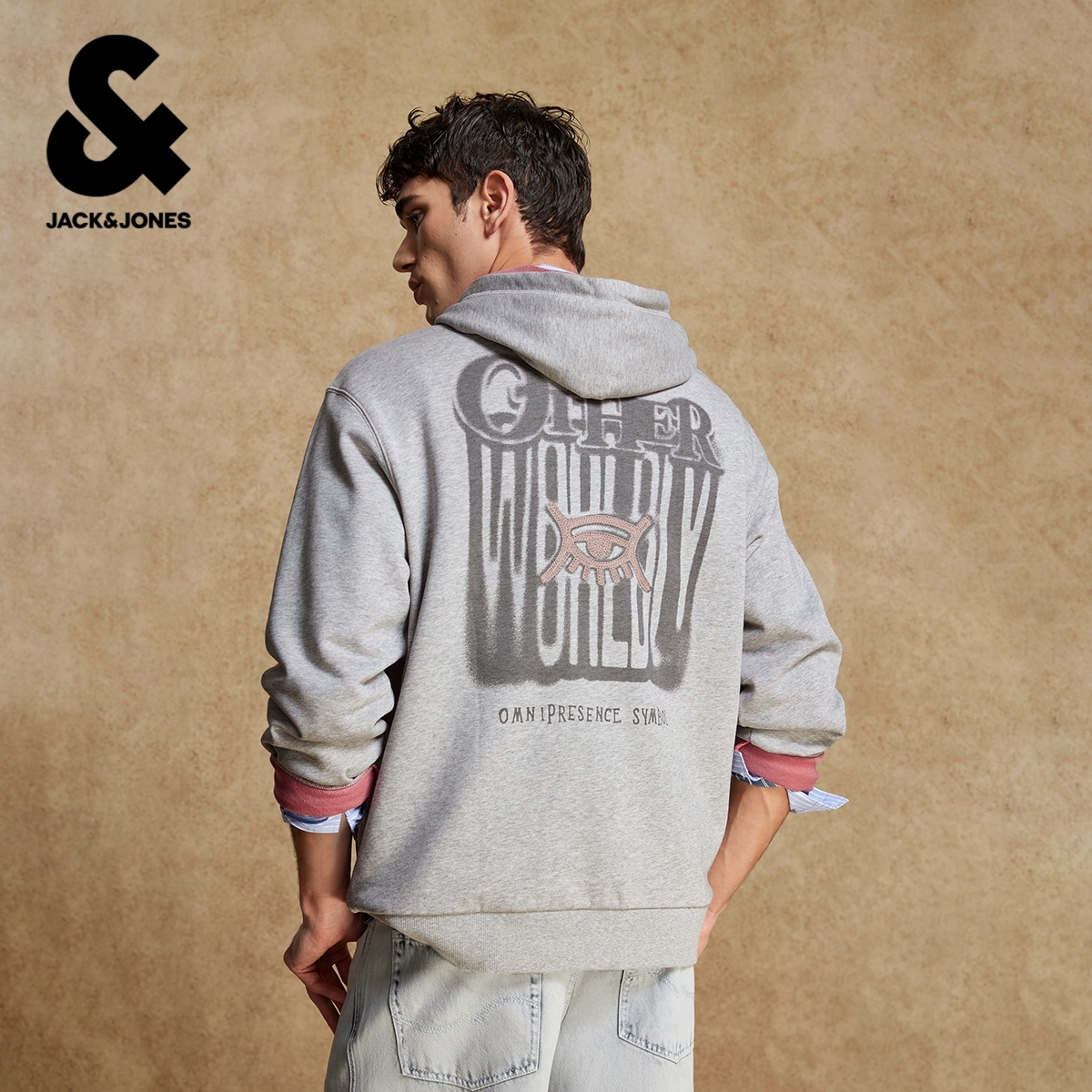 杰克琼斯春季男装卫衣廓形抽绳连帽袋鼠兜时尚百搭潮流上衣刺绣款