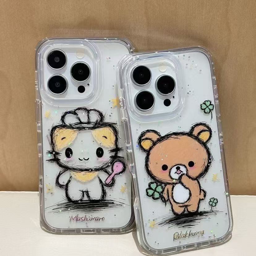 素描棉花糖轻松熊闪粉壳适用苹果16/15promax手机壳iPhone13/11