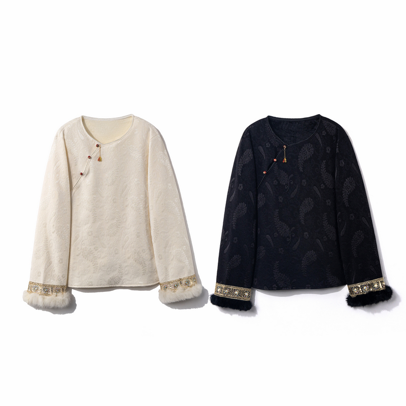 【辰蓉】冬季2025新款打底上衣女新中式宽松加绒加厚兔毛长袖T恤衫