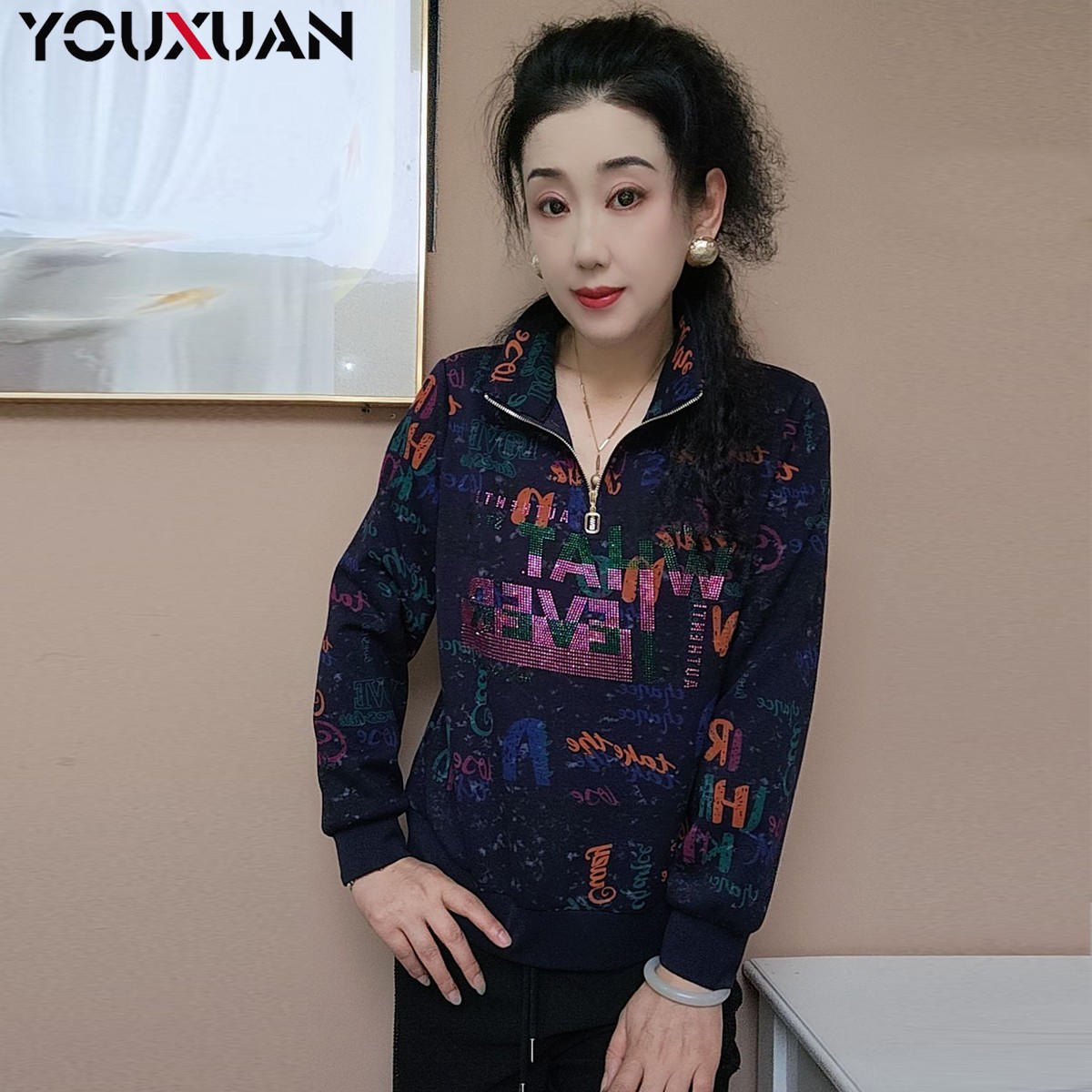 【新品】秋冬百搭韩版上衣时尚休闲宽松长袖立领女士卫衣89311
