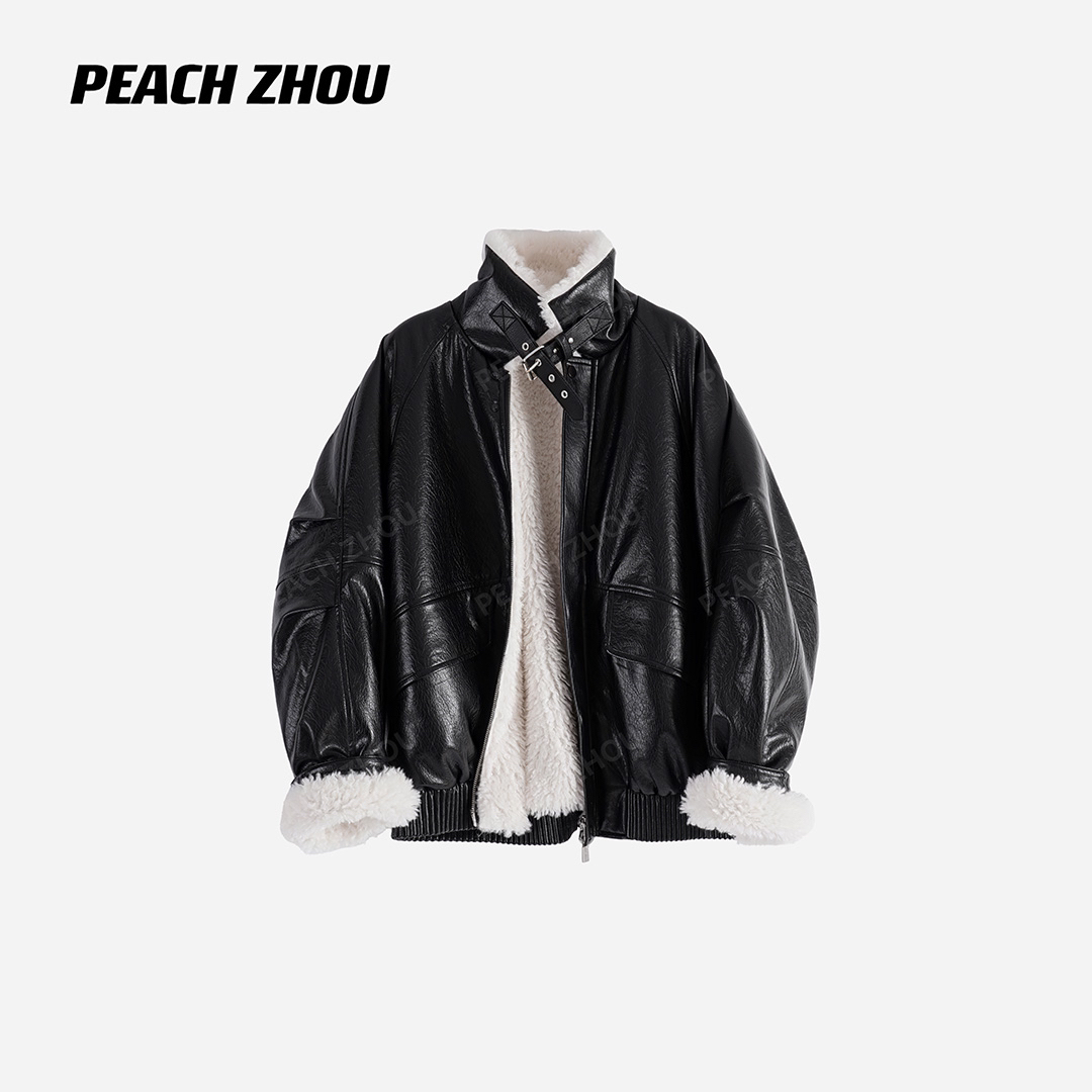『PEACHZHOU』撞色环保毛PU皮机车夹克宽松可调节翻领盖袋皮衣外套