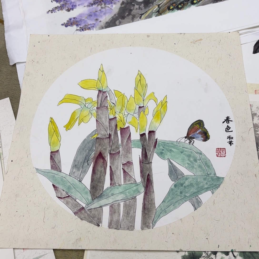 国画薛淑芬卡纸花鸟童