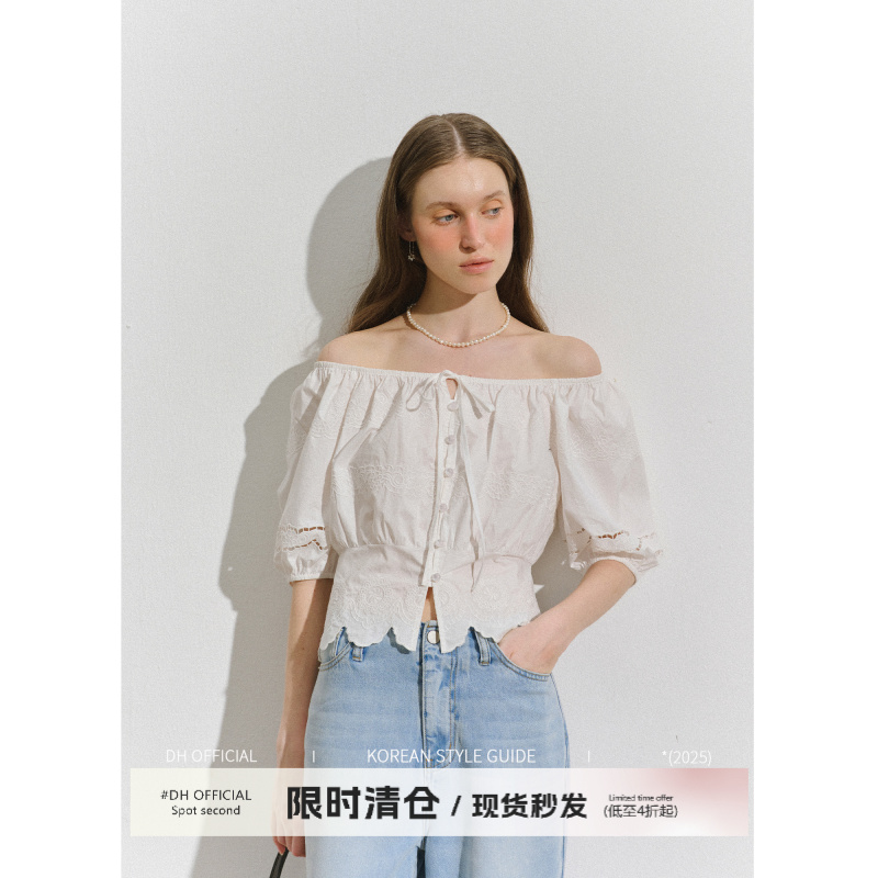 清DH OFFICIAL 大花【山茶花语 shirt】镂空绣花泡泡袖纽扣衬衫