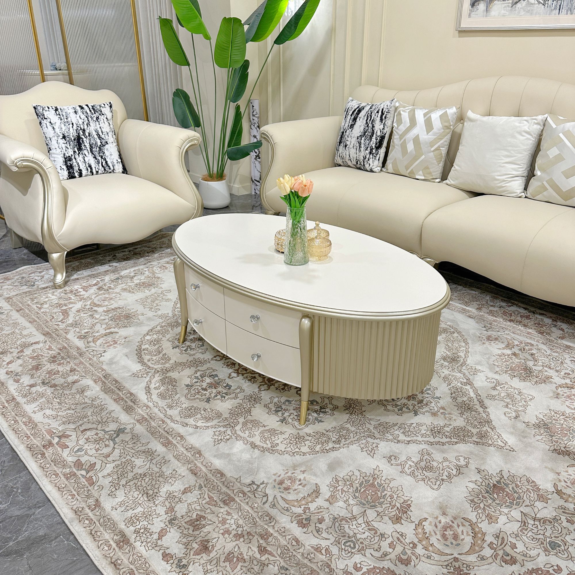 实木椭圆形美式法式轻奢奢华现代简约实木带抽屉家用客厅茶几806