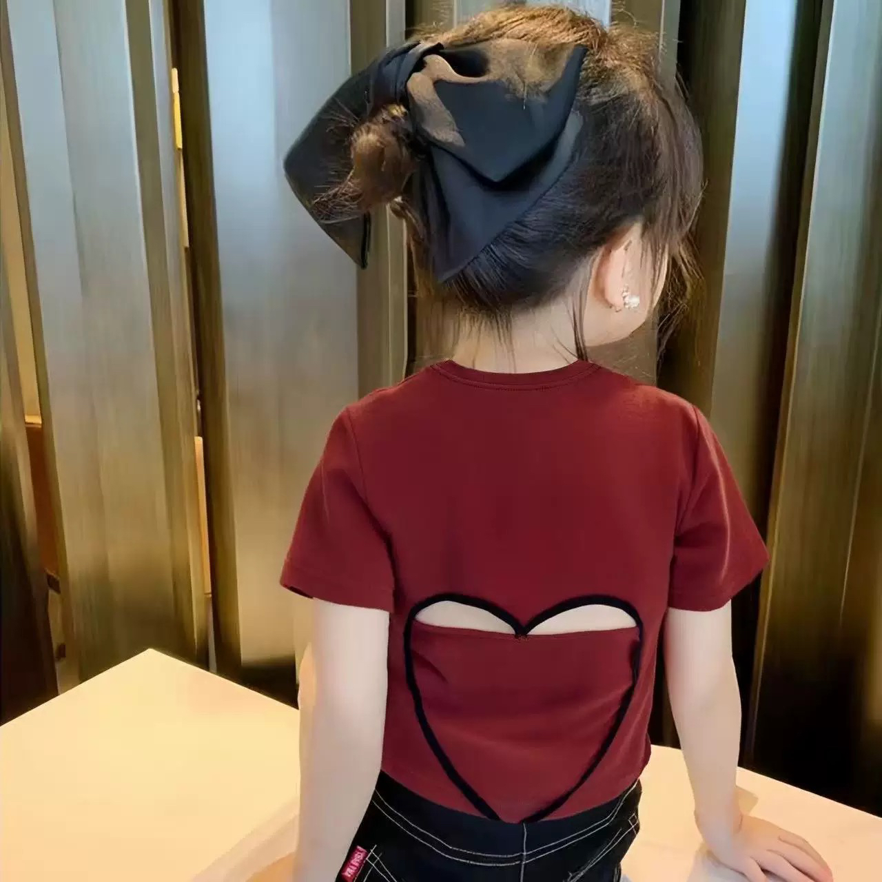 女童纯棉夏季高腰短款T恤后背爱心镂空高弹棉短袖甜辣百搭潮流短