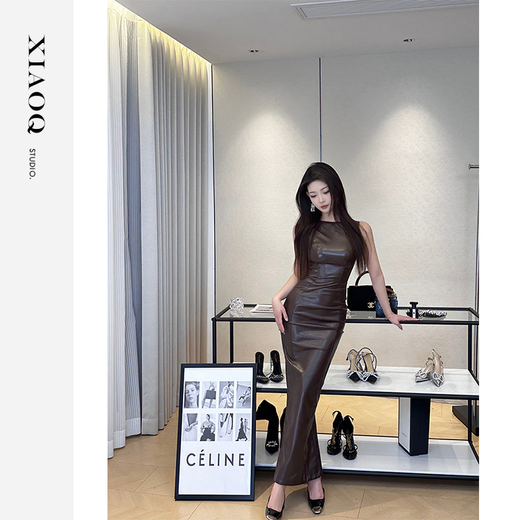 XIAOQ「焦糖禁果」H&B原版 2K+深棕皮长裙无袖高腰修身显瘦65339T