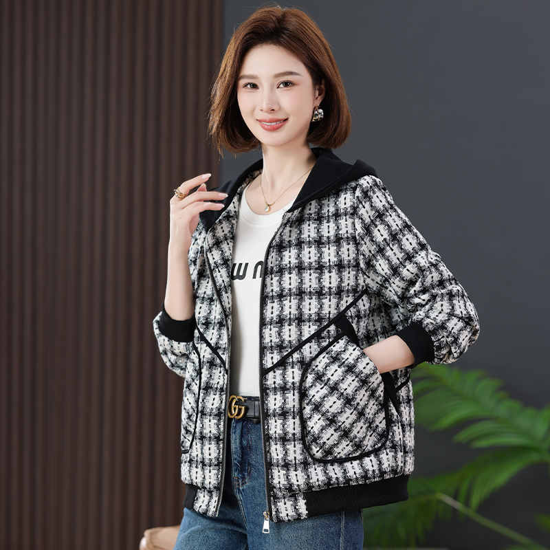 女士洋气格子韩版减龄连帽秋季外套8104