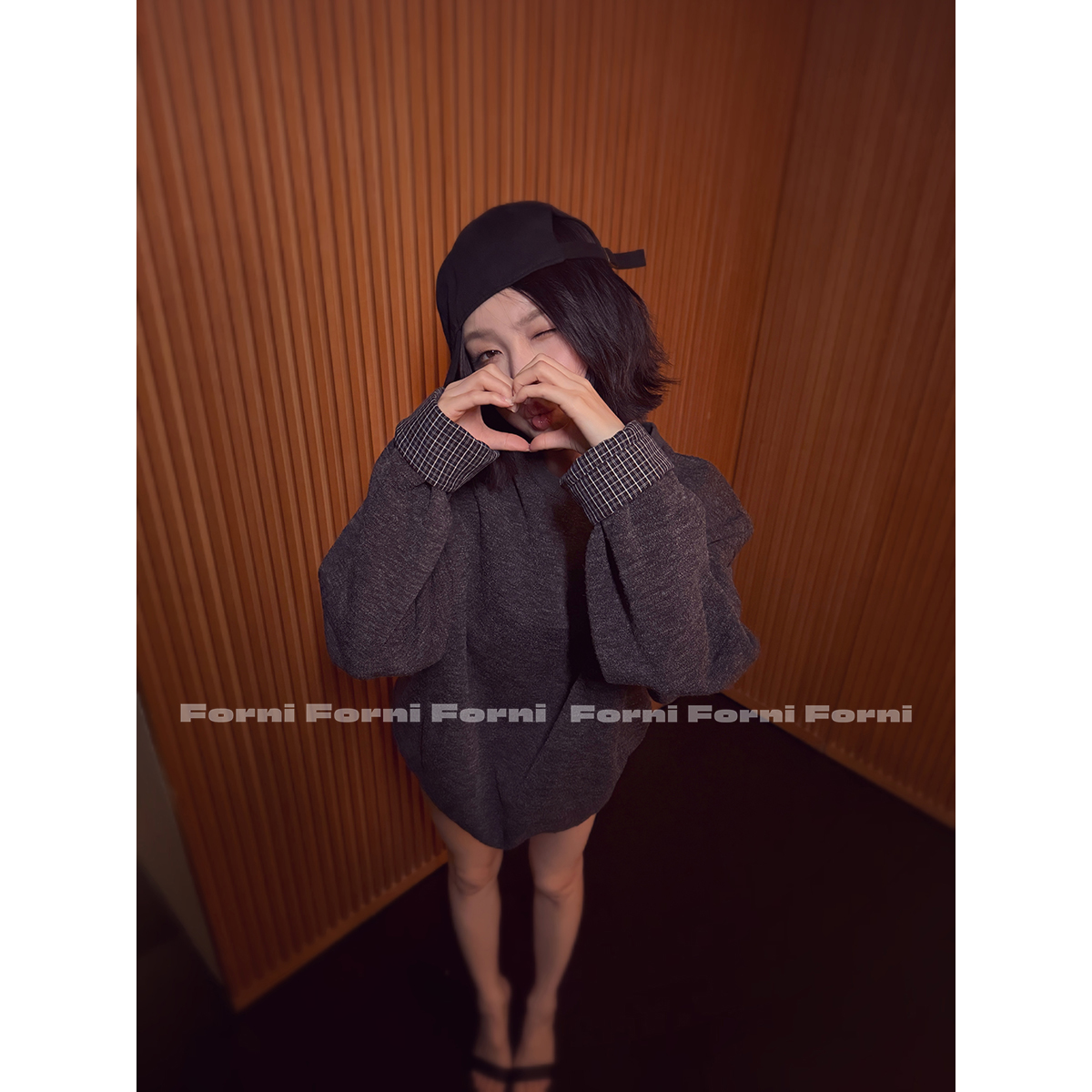 FORNI 老友日记 英伦风绅士老钱袖口拼接格纹圆领廓形卫衣