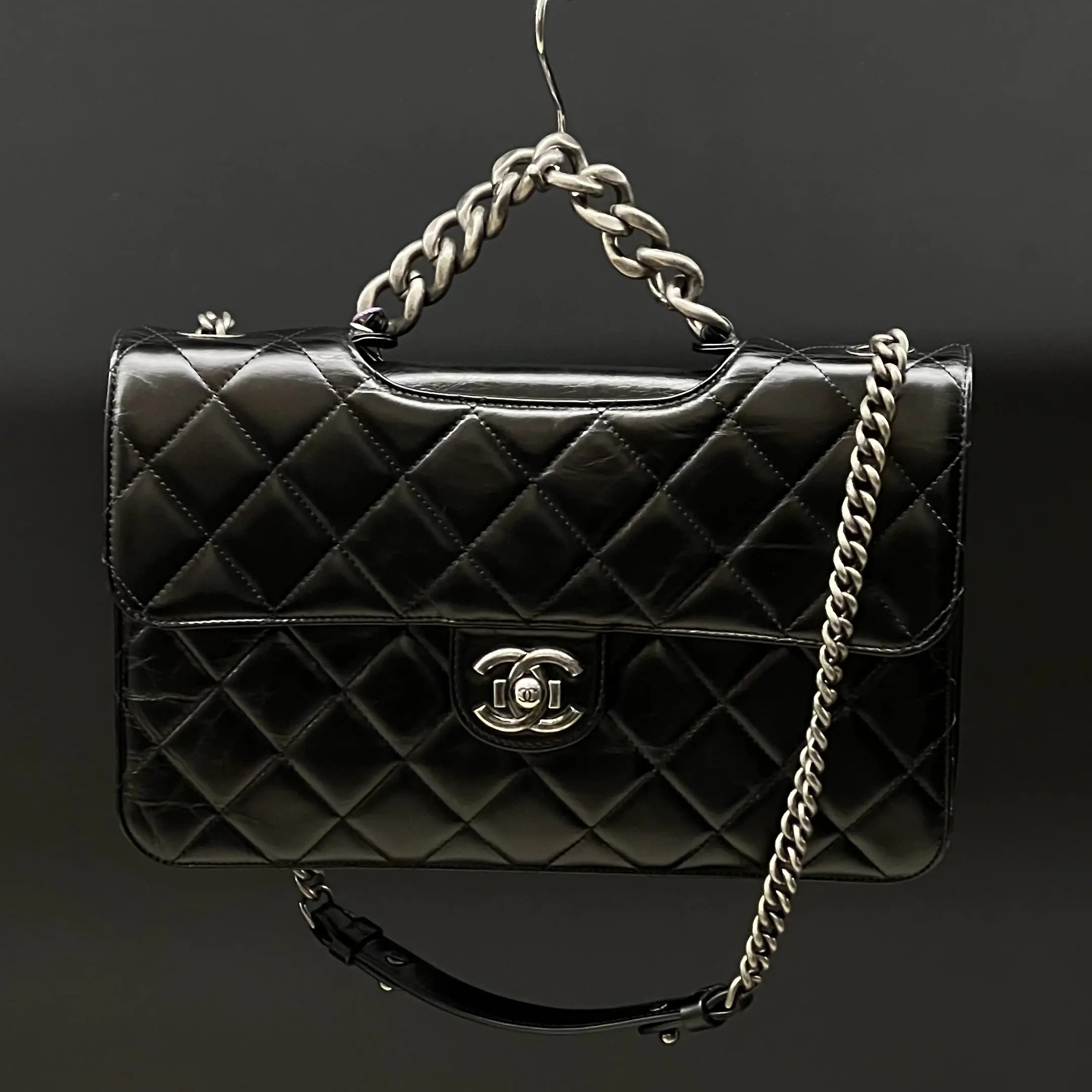 95新 Chanel/香奈儿 6055 黑银油蜡皮孟买链条包单肩包17