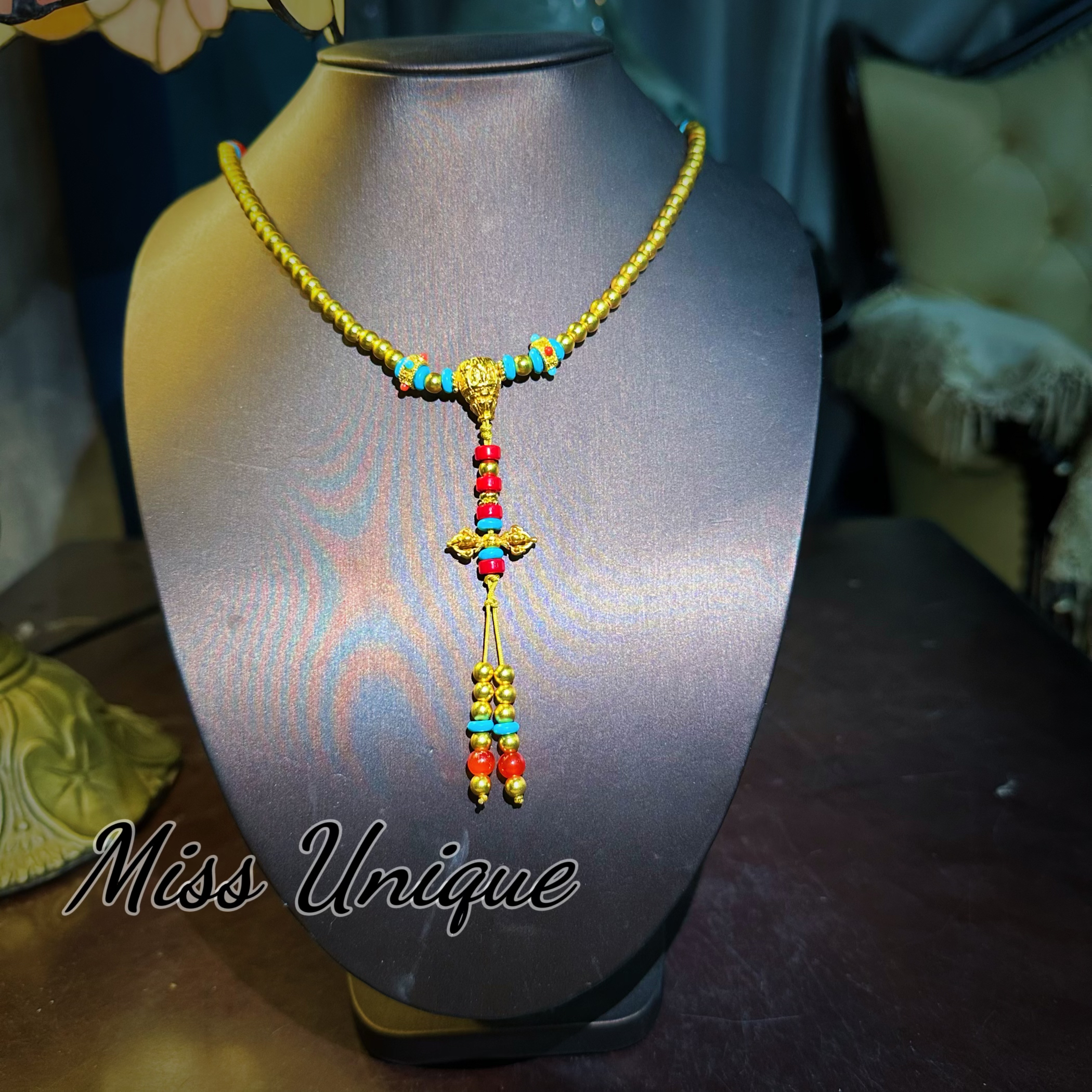  S2408国风金色红蓝松松项链