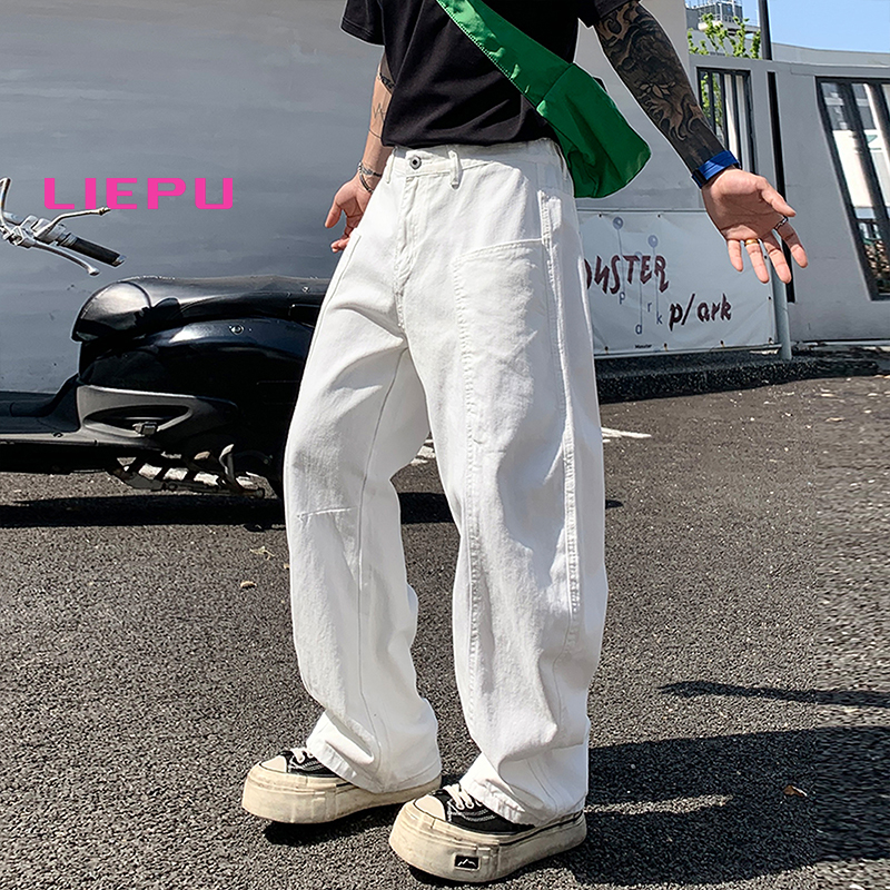 猎璞白色弯刀牛仔裤男宽松直筒结构阔腿裤裤子男休闲百搭长裤