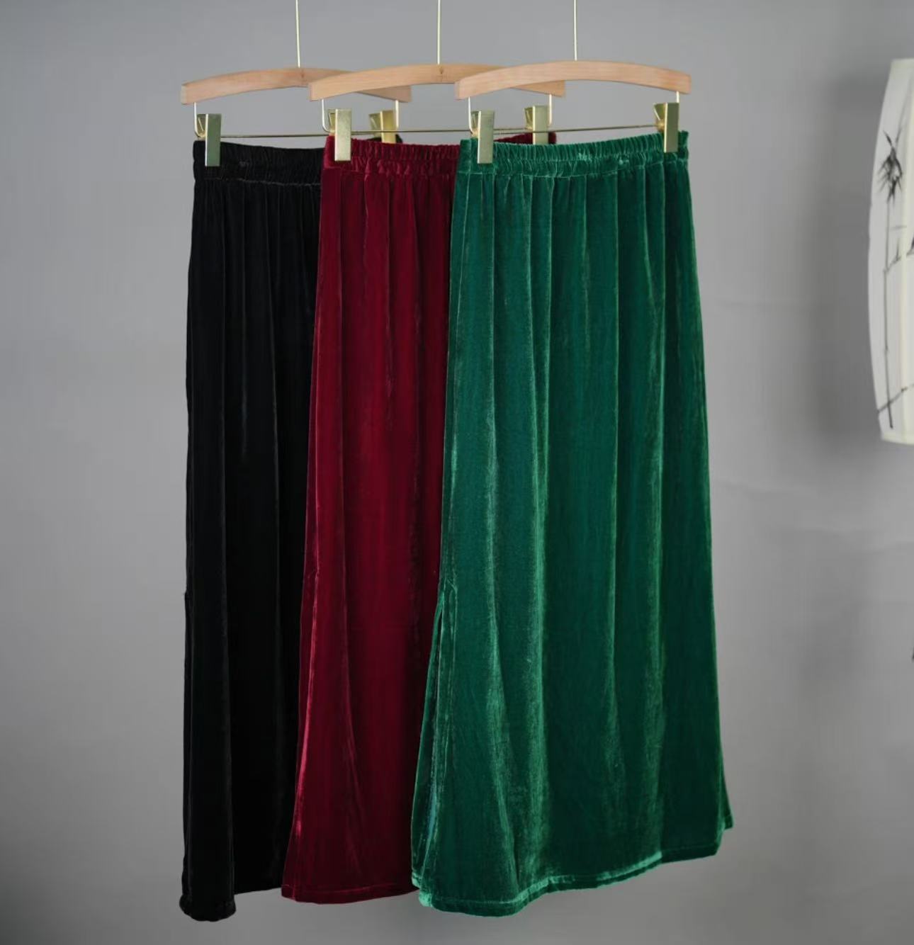 玉家人蚕丝丝绒半身裙