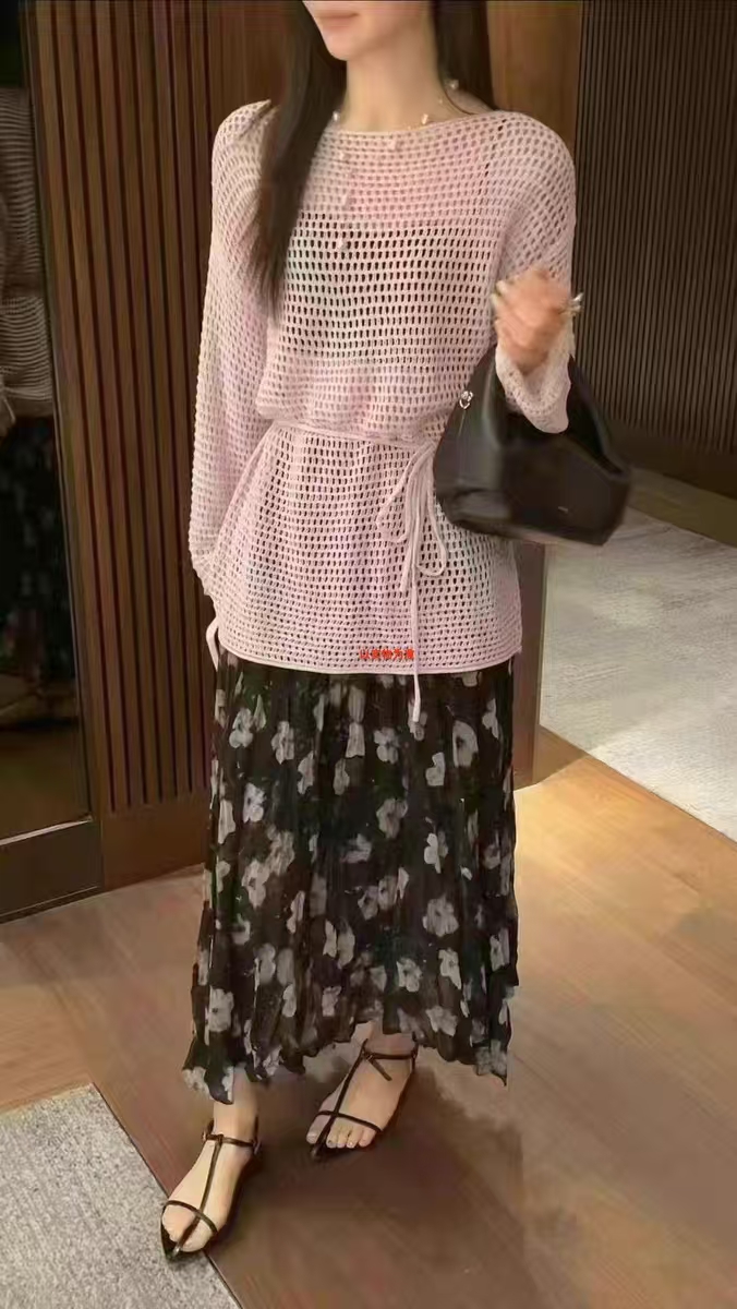 8173#薄款宽松毛针织衫休闲套头镂空气质一字领慵懒风