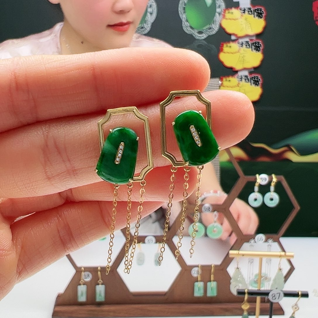 翡翠耳饰18K金镶嵌天然翡翠耳饰18k金镶嵌