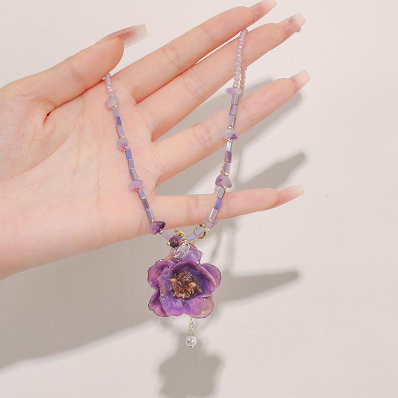 泡芙 铜合金项链 银铃花干花项链花朵小众设计滴胶永生花配饰