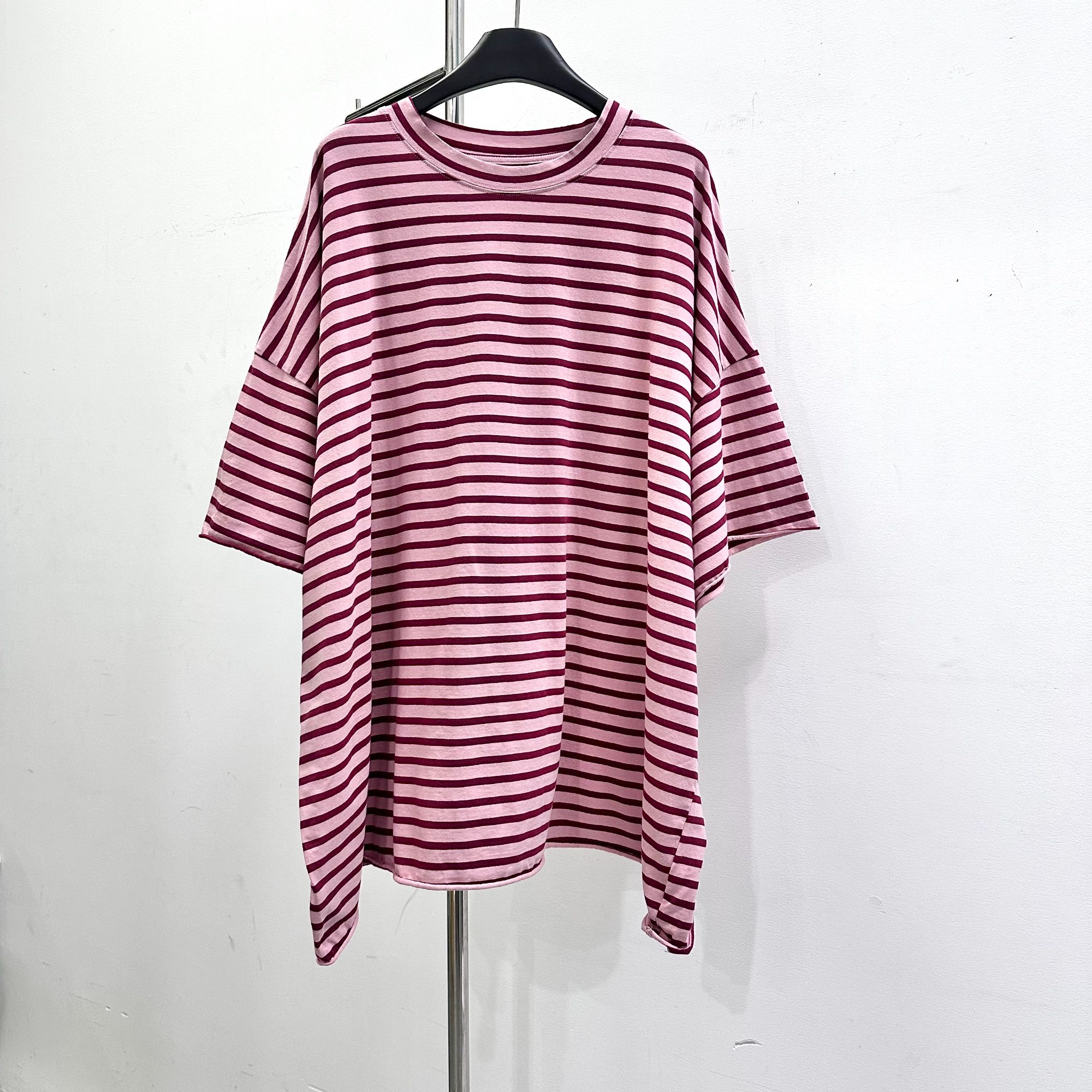 现-莹莹欧货【粉色条纹短袖】落肩袖慵懒风女潮牌百搭卷边T恤00908