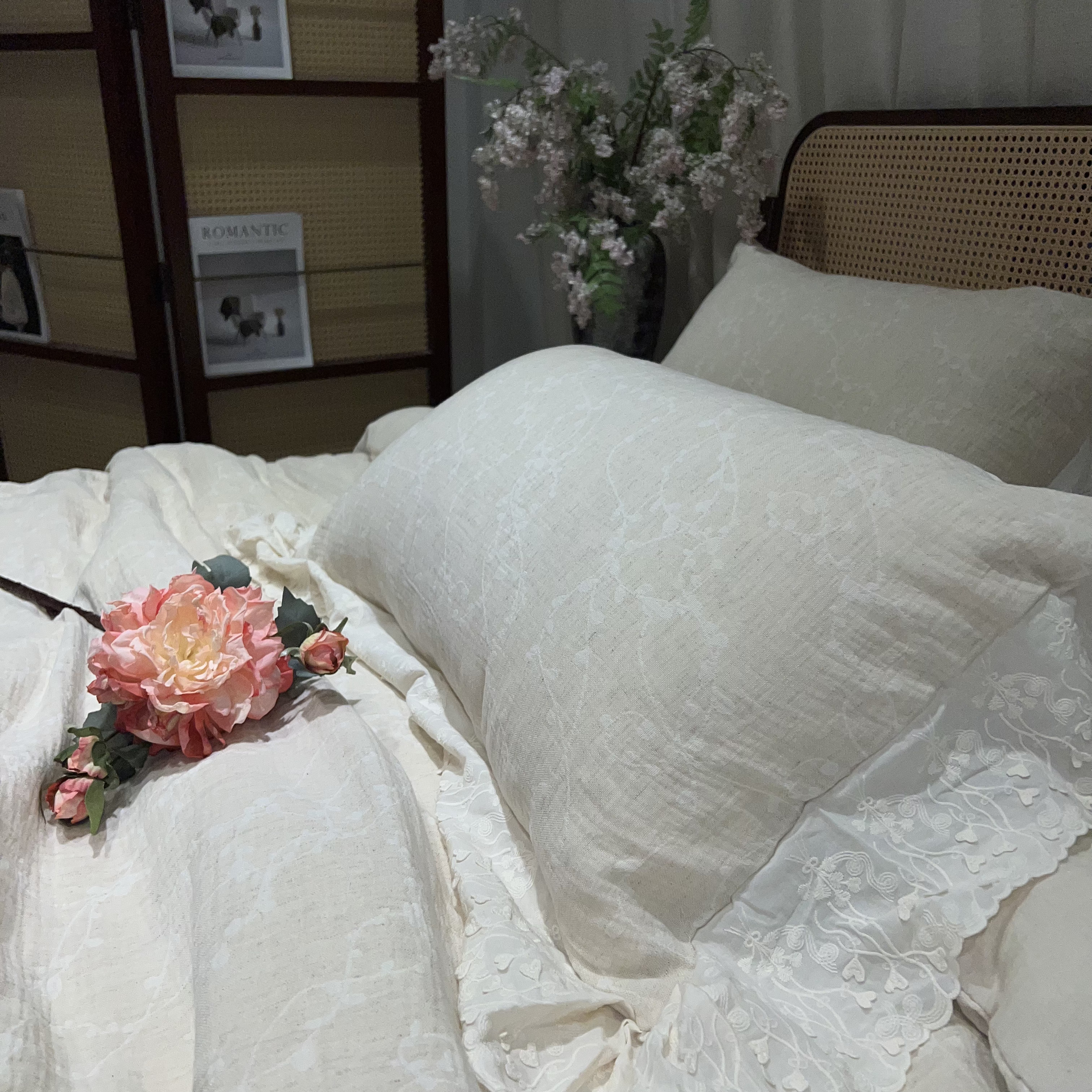 【疏帘青缦】亚麻棉提花法式复古蕾丝花边四件套柔软简约