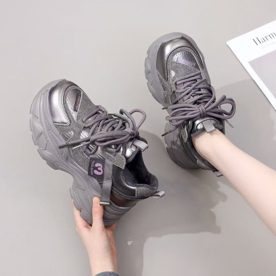 亮钻全皮厚底老爹鞋冬款加绒百搭休闲运动鞋女ins女鞋